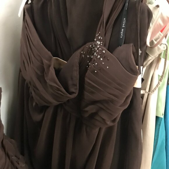 Knee-Length Chiffon Bridesmaids Dress, Espresso Dark Brown 1-Shoulder with Bling - Picture 1 of 3